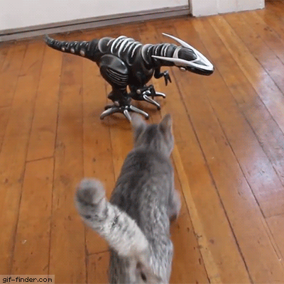 A dinosaur scaring a cat.